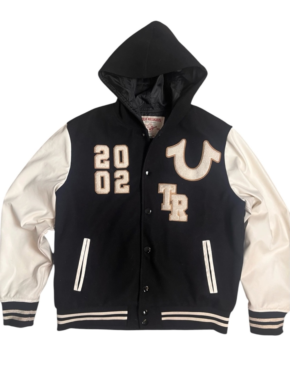 True Religion Hooded Varsity Jacket Mens Medium Black White Streetwear Y2K